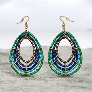 Hand Crafted Earrings Beaded Boho Wire Teardrop Dangle Gold Turquoise Blue